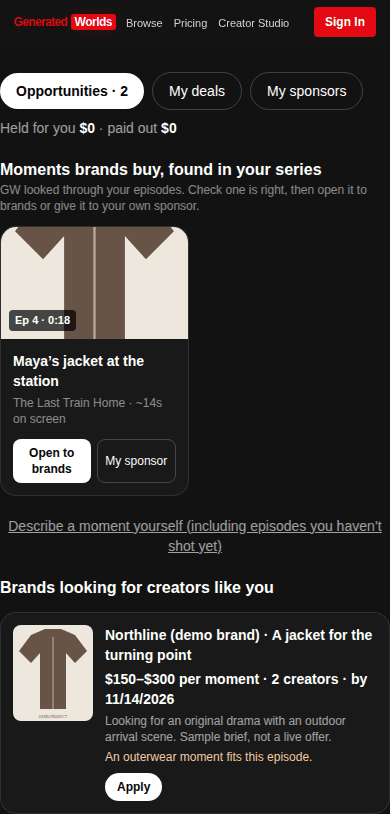 Current GW Brand Deals screen showing product moments, advertiser briefs, My deals and My sponsors