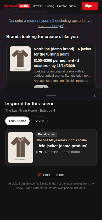 GW episode Shop drawer with a sponsored jacket card marked Brand partner