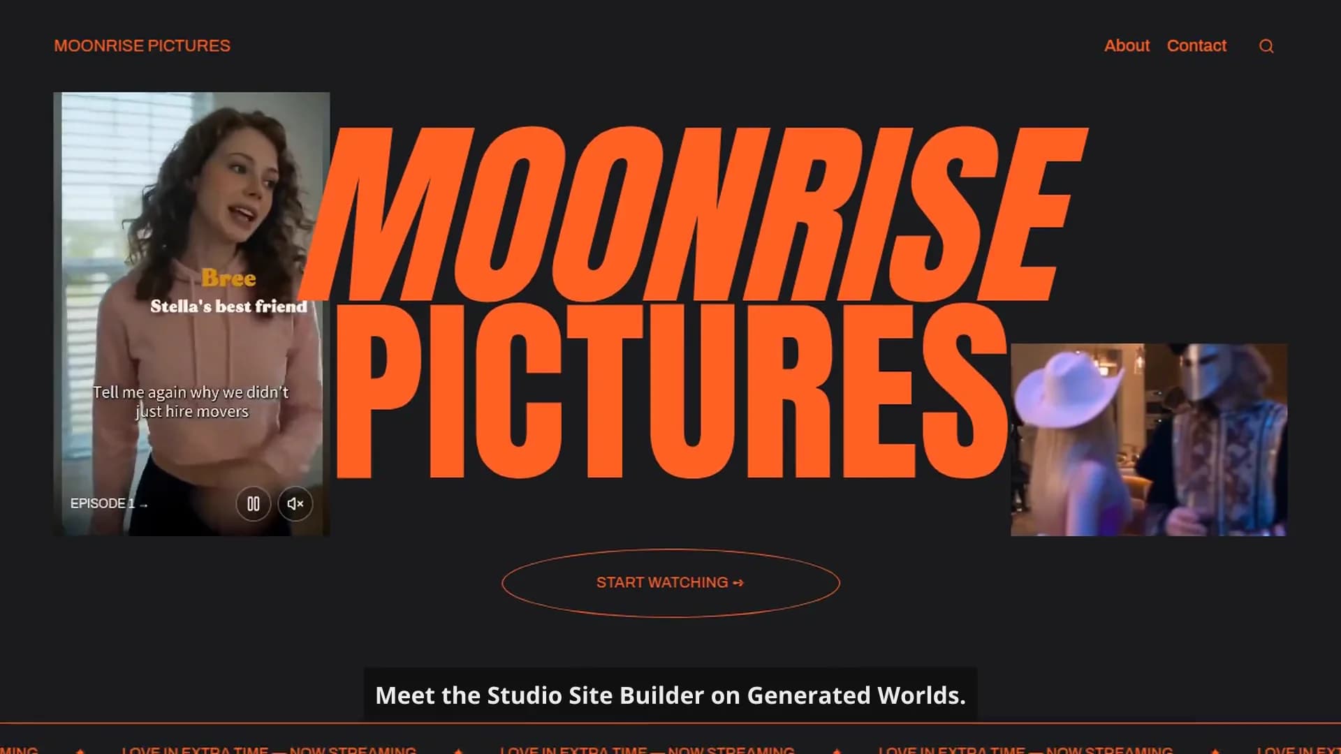 Moonrise Pictures demo studio website with its own branding and a playing drama